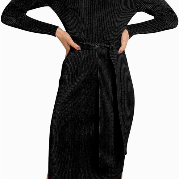 Sweater Dress Ribbed Knit Crewneck Belted Side Slits Long Sleeve Black Size M - Picture 6 of 11